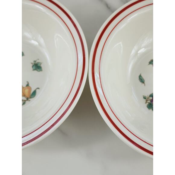 Stone Ware Cereal Bowl 7" Fruit Design Strawberry Grapes Pear Cream Red Trim x2 - Picture 5 of 12